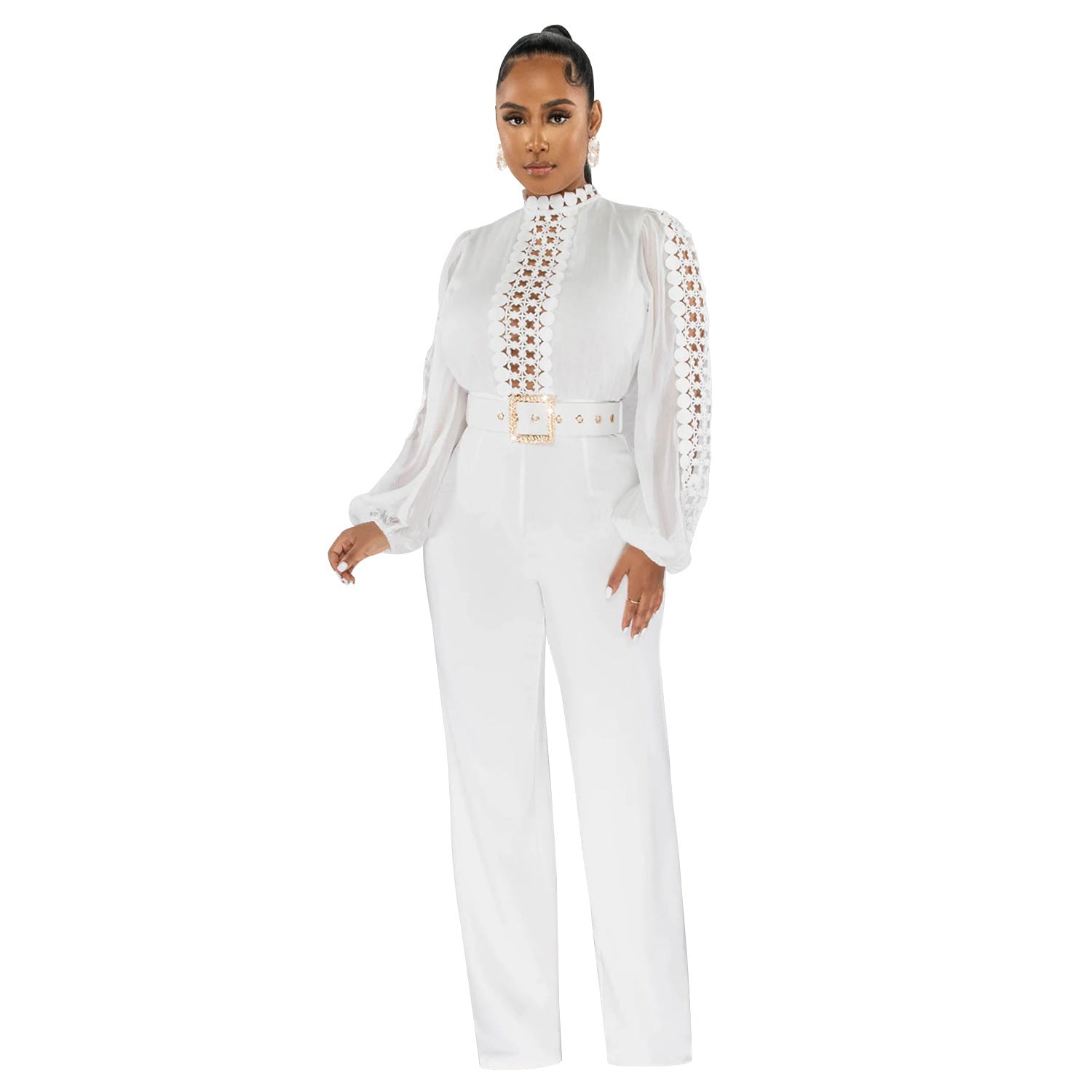 Woman wearing Belted Ruffle Cut-Out Full Length Jumpsuit in a stylish setting