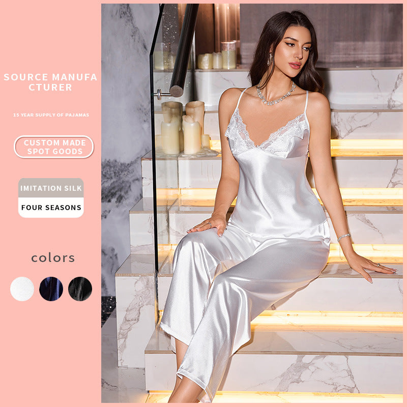 Woman wearing Backless Strap Dress Sleepwear Set in a cozy home setting