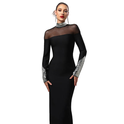Elegant High Neck Long Sleeve Fitted Dress | Tajstylo