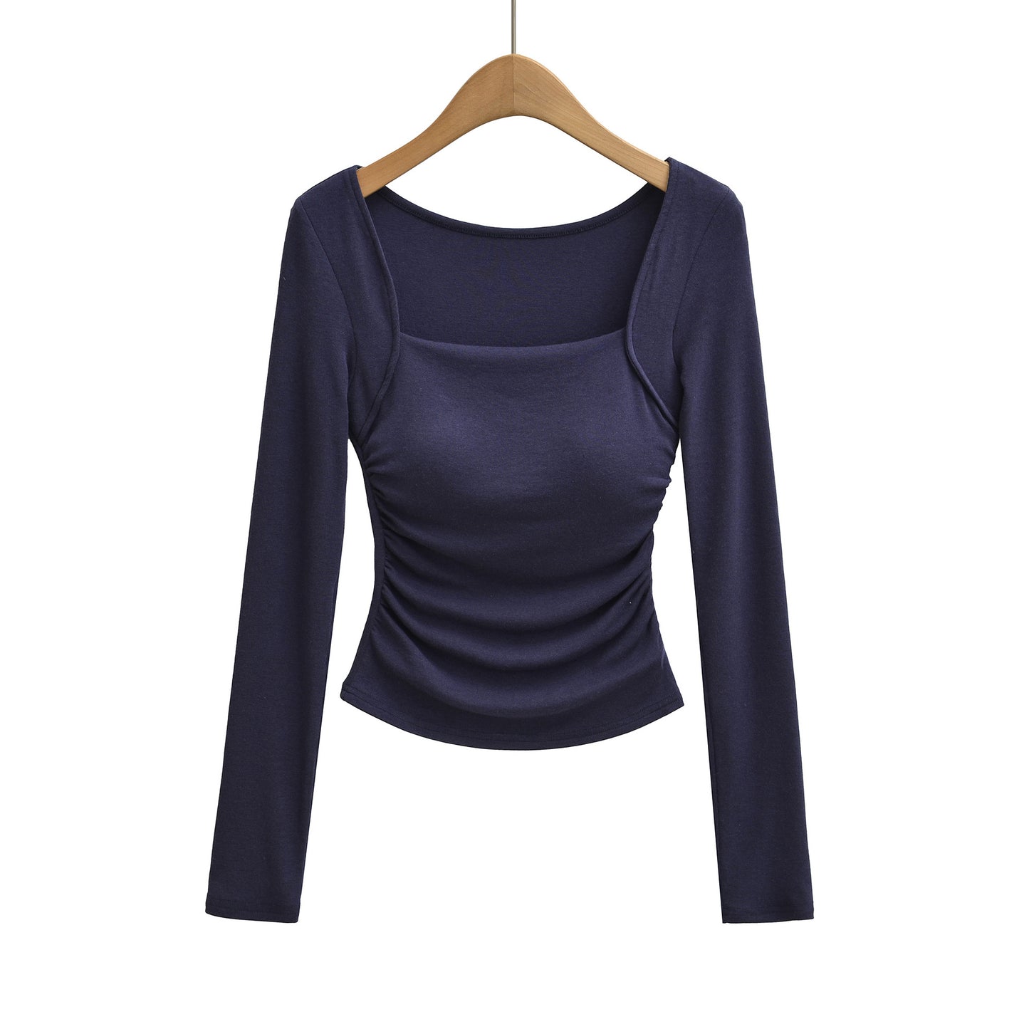Woman wearing Square Neck Pleated Long Sleeve T-Shirt in a stylish urban setting