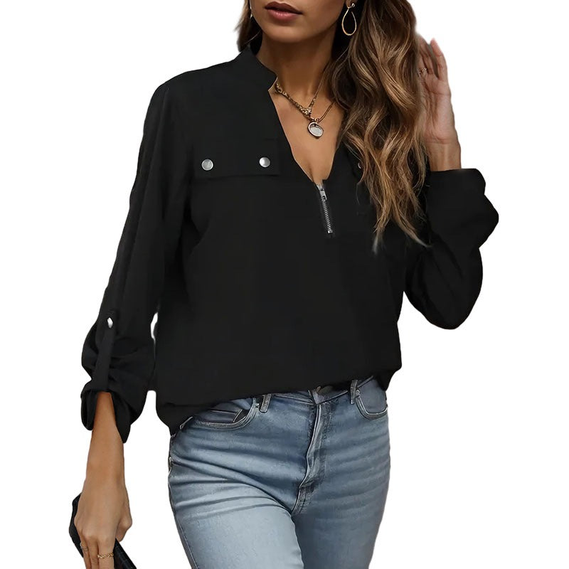 Woman wearing Autumn Long Sleeve Pullover Shirt in a cozy autumn setting