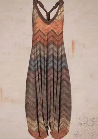 Woman wearing Printed Sleeveless Loose Knit Overalls in a city setting