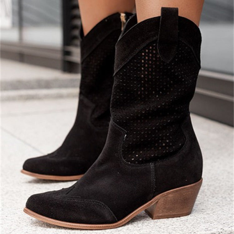 Women's Suede Square Heel Mid-Heel Low-Cut Ankle Boots – Back View | TajStylo