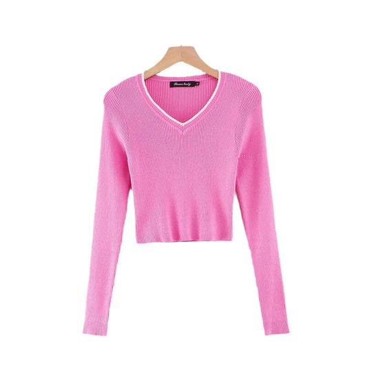Woman wearing V-Neck Colour Block Slim Fit Long Sleeve Top in casual setting