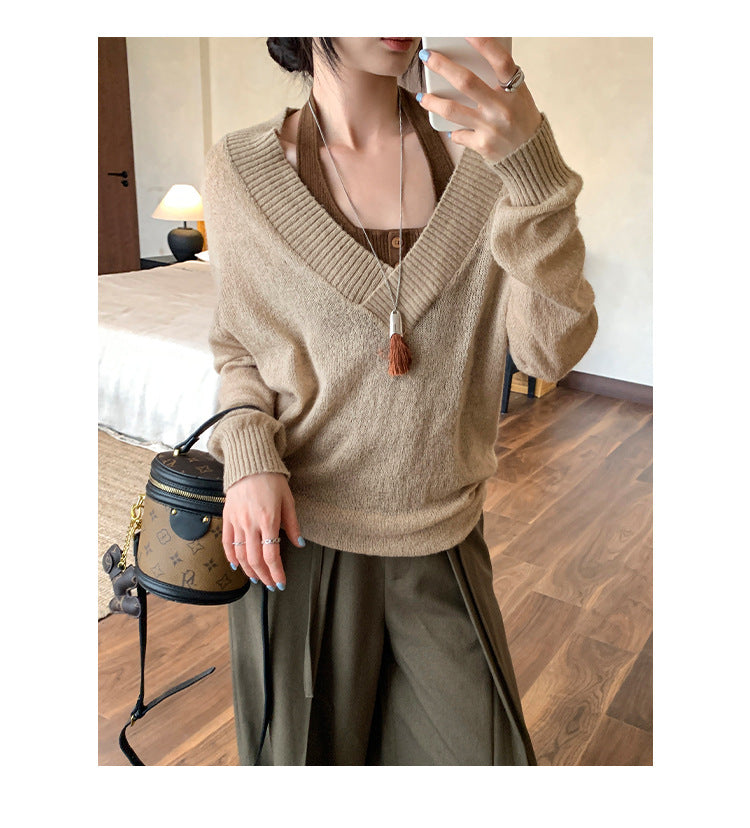 Faux Two-Piece Wool V-Neck Knit Sweater | Tajstylo