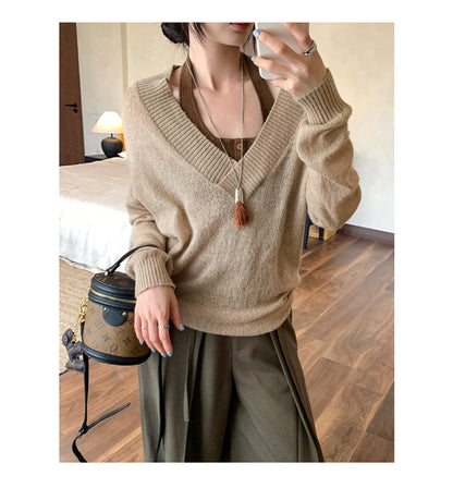 Faux Two-Piece Wool V-Neck Knit Sweater | Tajstylo