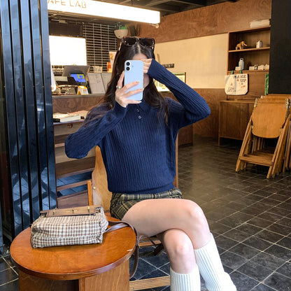 Woman wearing Slim Fit Long Sleeve Knit Sweater in a casual setting