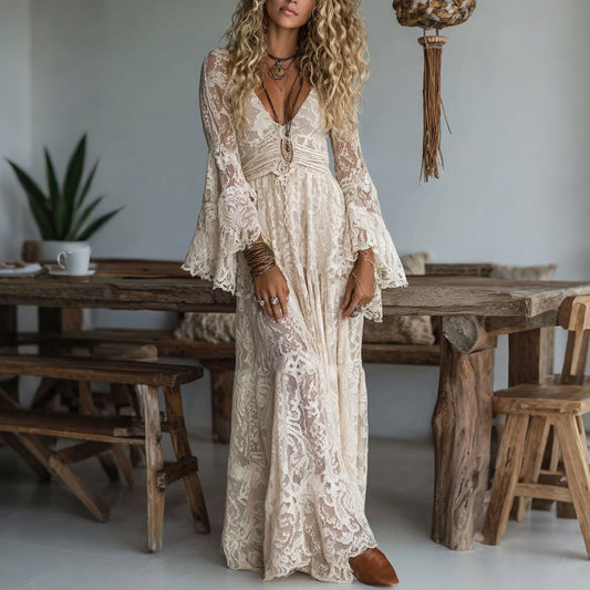 Woman wearing Apricot Lace Spliced High Waisted Casual Dress in a garden setting