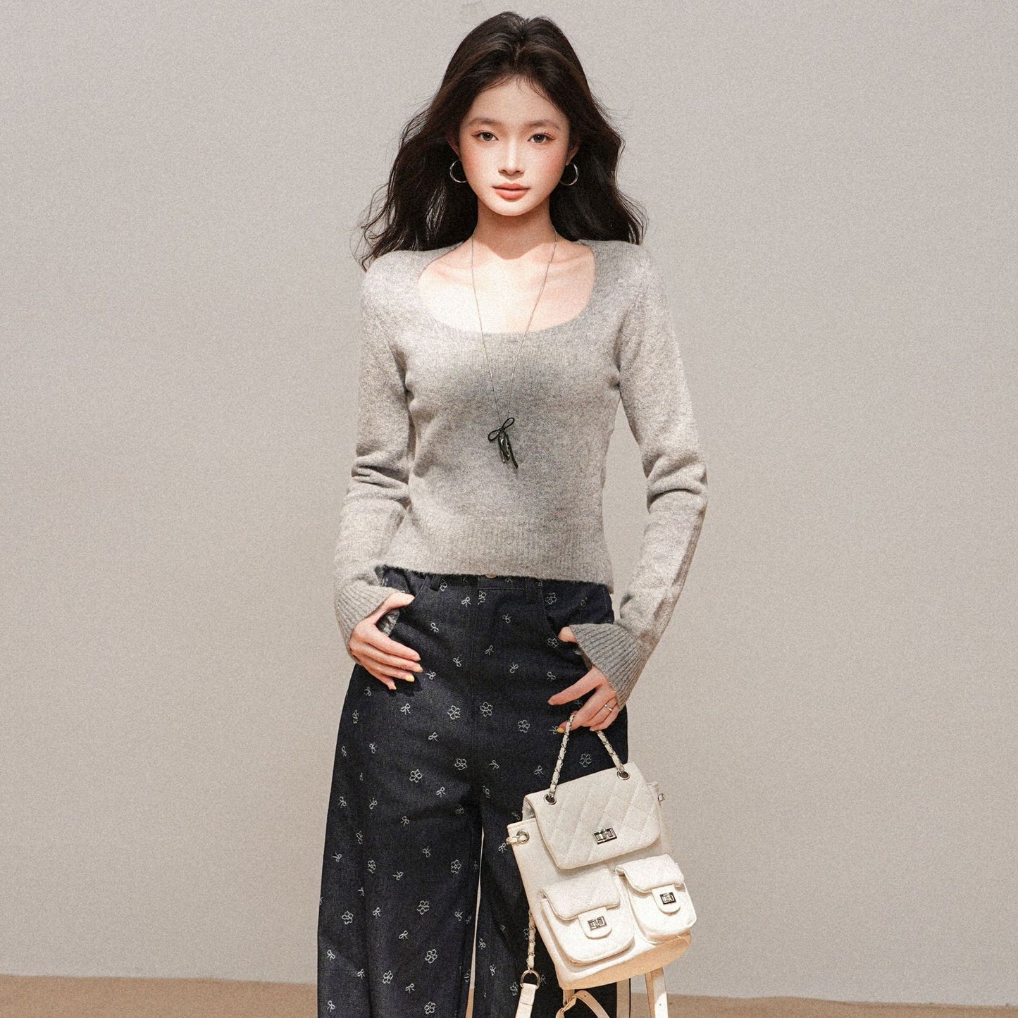 Woman wearing Short Knit Sweater in a casual setting