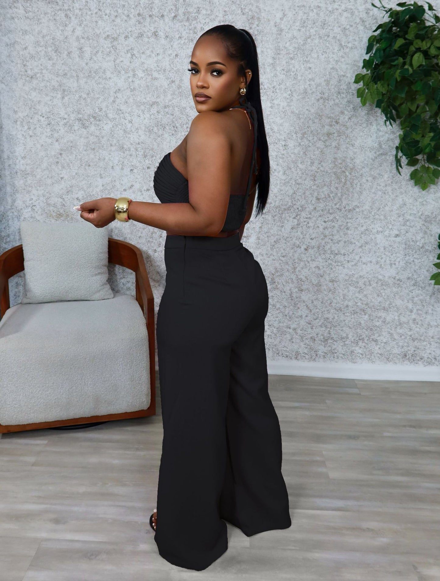 Drawstring Tie-Up Top and High Waist Loose Long Pants Set | Tajstylo