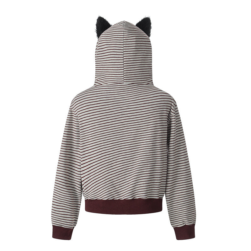 Woman wearing Striped Hooded Zipper Hoodie in a casual outdoor setting