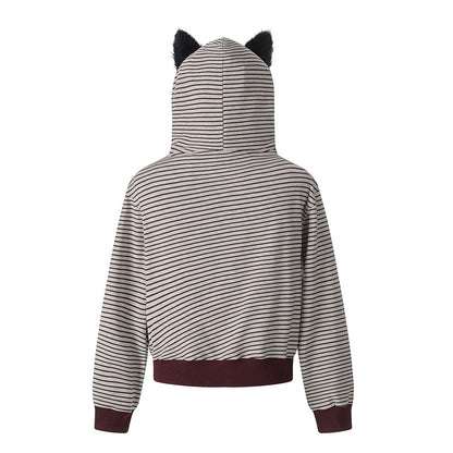 Woman wearing Striped Hooded Zipper Hoodie in a casual outdoor setting