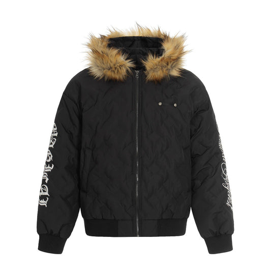 Woman wearing Letter Print Down Puffer Jacket in the city