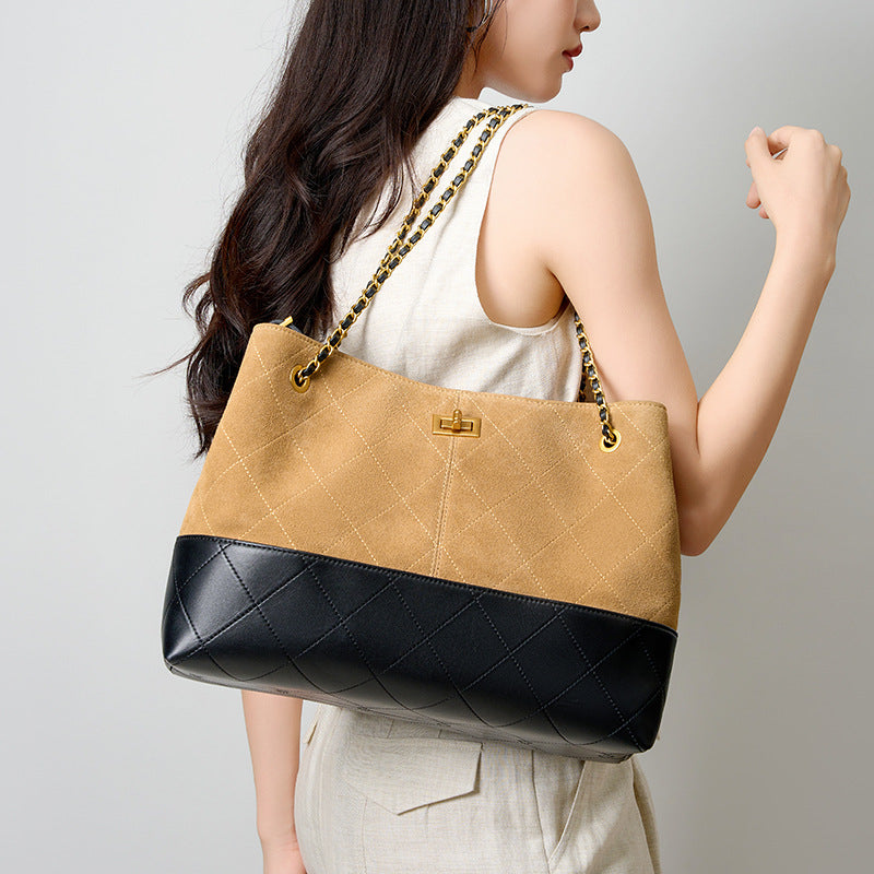 Women's Large Genuine Leather Frosted Suede Chain Shoulder Crossbody Tote Bag – Back View | TajStylo