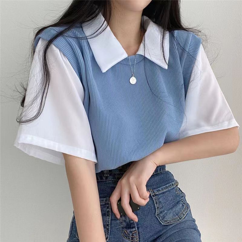 Two Tone Polo Neck Short Sleeve Top | Tajstylo