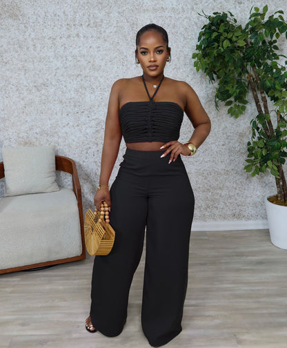Drawstring Tie-Up Top and High Waist Loose Long Pants Set | Tajstylo