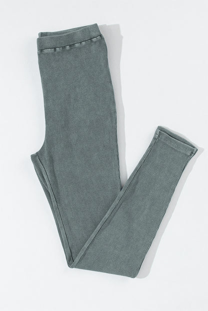Woman wearing Dark Grey Vintage Wash Ribbed Leggings in a casual setting