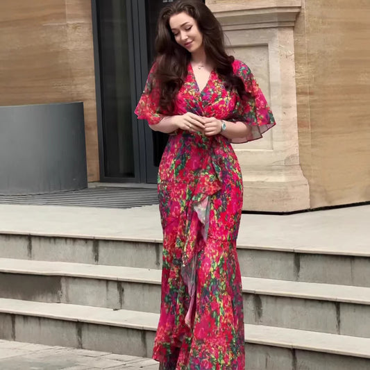 V-Neck Floral Ruffle Maxi Dress | Tajstylo