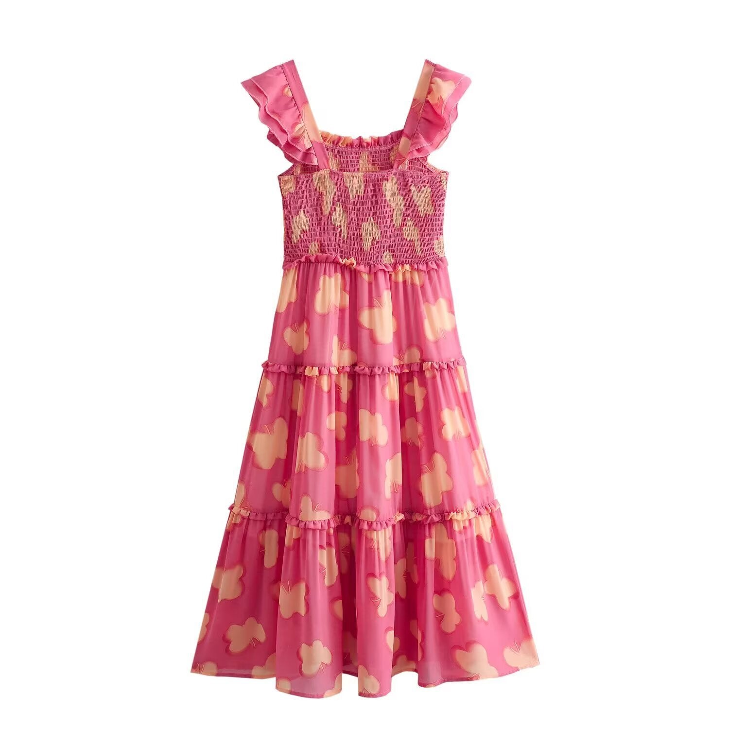 Woman wearing Floral Resort Style Square Neck Strap Dress in a sunny beach setting