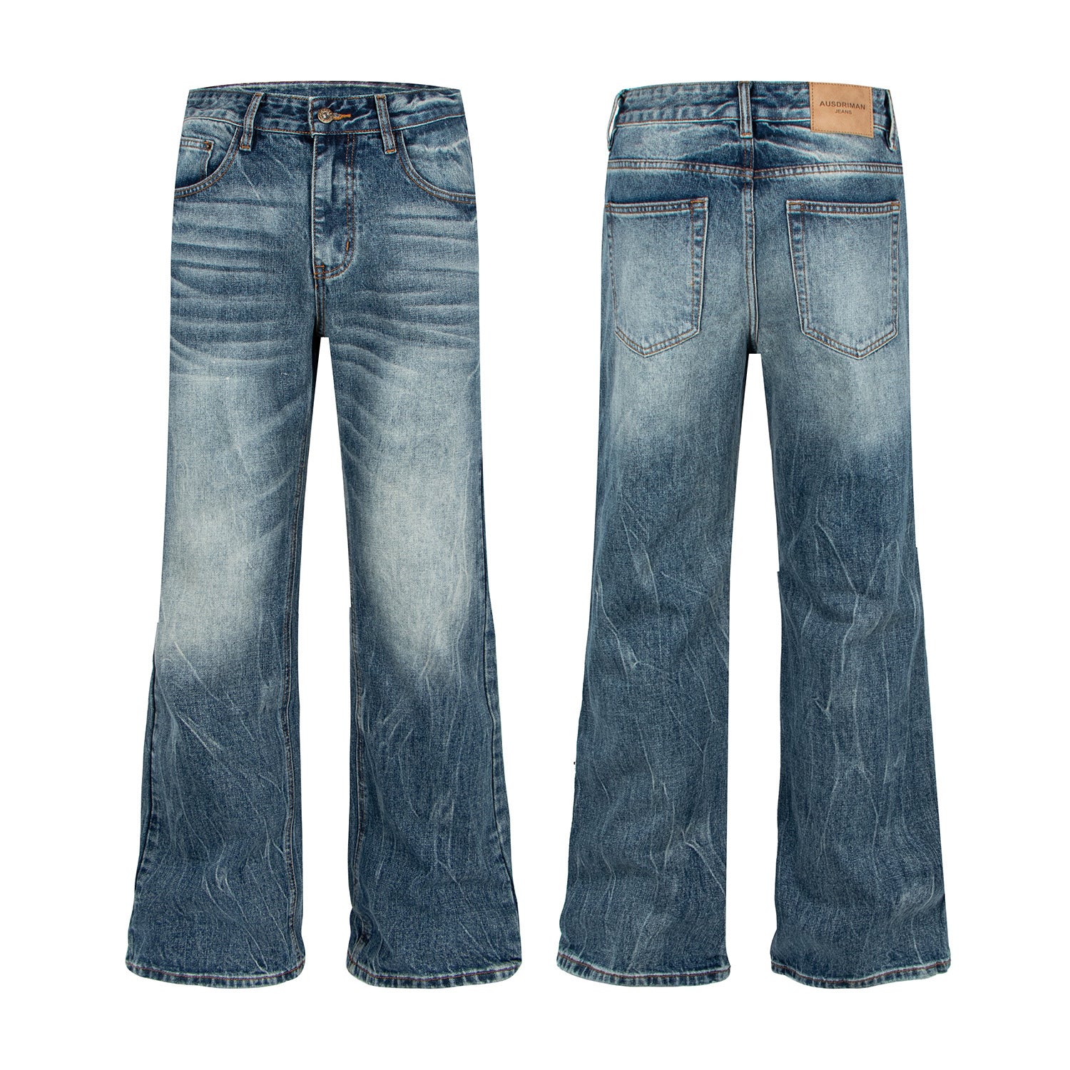 Woman wearing Washed Catwhisker Lightning Pattern Denim Pants in a casual setting