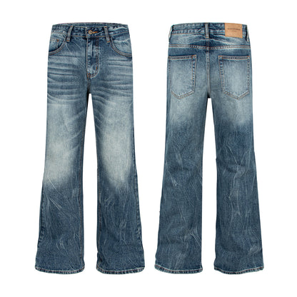 Woman wearing Washed Catwhisker Lightning Pattern Denim Pants in a casual setting