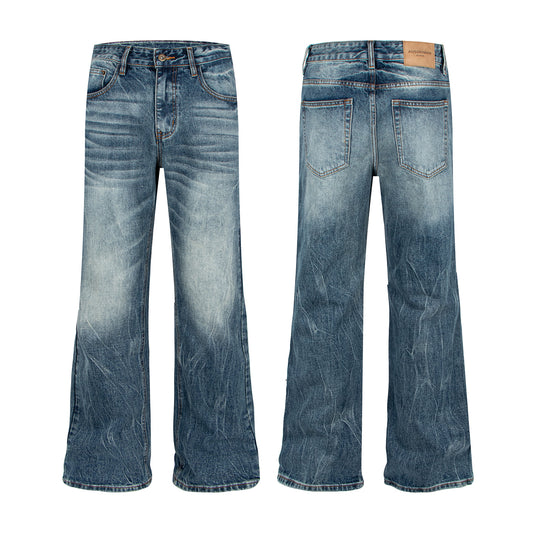 Woman wearing Washed Catwhisker Lightning Pattern Denim Pants in a casual setting
