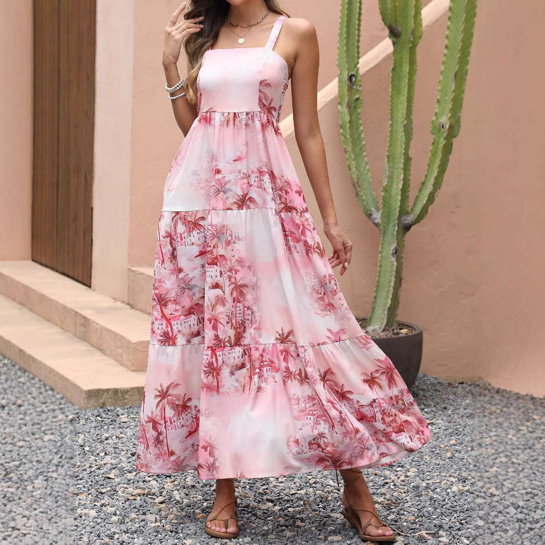 Woman wearing Strapless Coconut Tree Print Boho Beach Maxi Dress in a tropical beach setting
