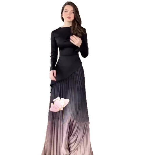 Gradient Pleated Long Dress | Tajstylo