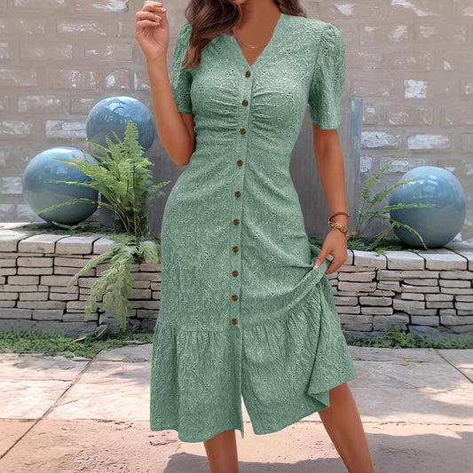 V-Neck Solid Color Summer Dress | Tajstylo