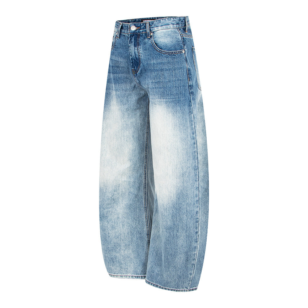 Woman wearing Vintage Bamboo Texture Loose Fit Jeans in a city setting