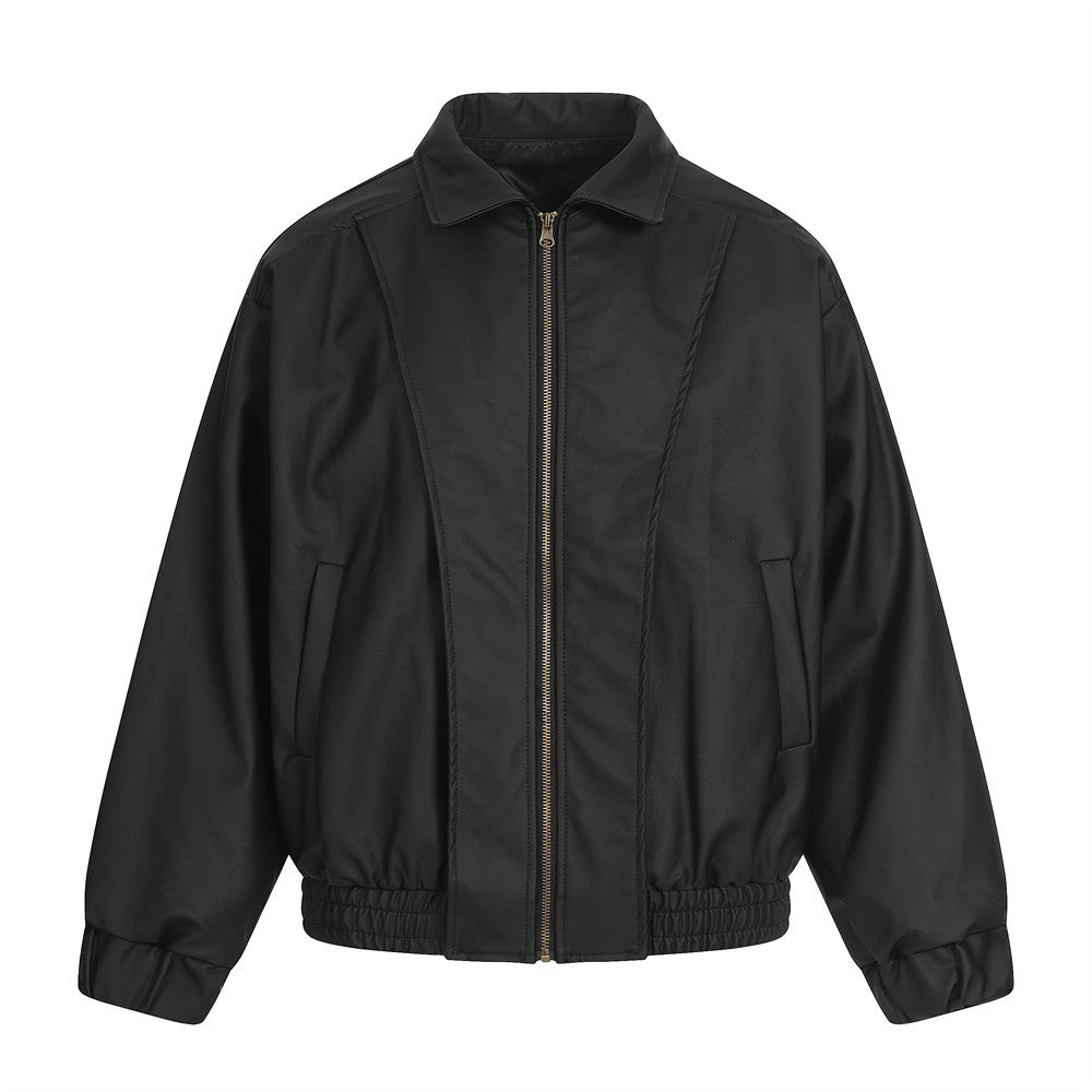 Woman wearing PU Leather Flip Collar Loose Fit Jacket in urban setting