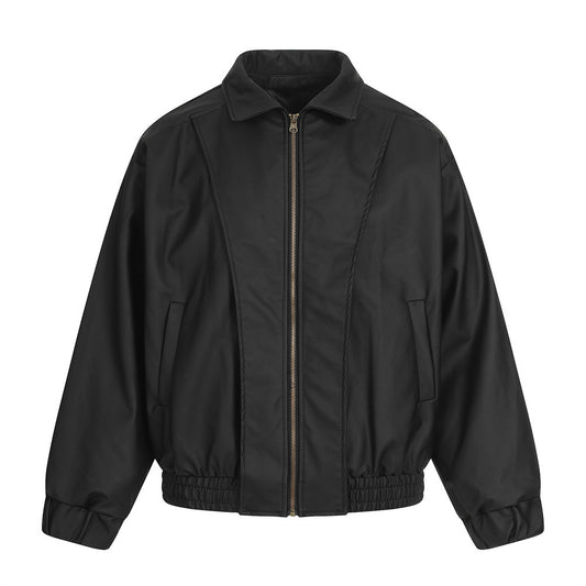 Woman wearing PU Leather Flip Collar Loose Fit Jacket in urban setting