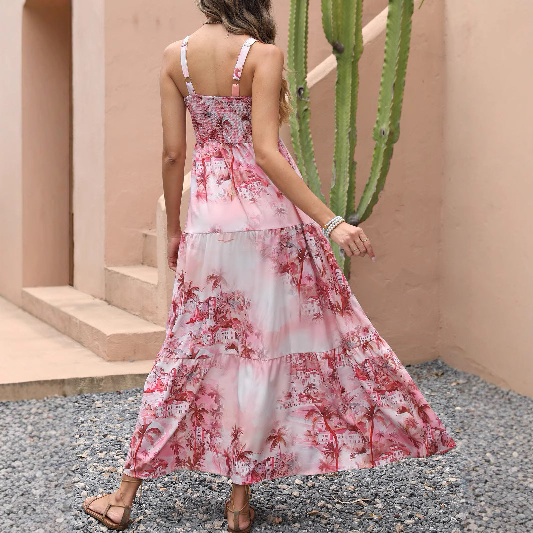 Woman wearing Strapless Coconut Tree Print Boho Beach Maxi Dress in a tropical beach setting