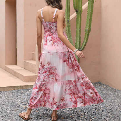 Woman wearing Strapless Coconut Tree Print Boho Beach Maxi Dress in a tropical beach setting