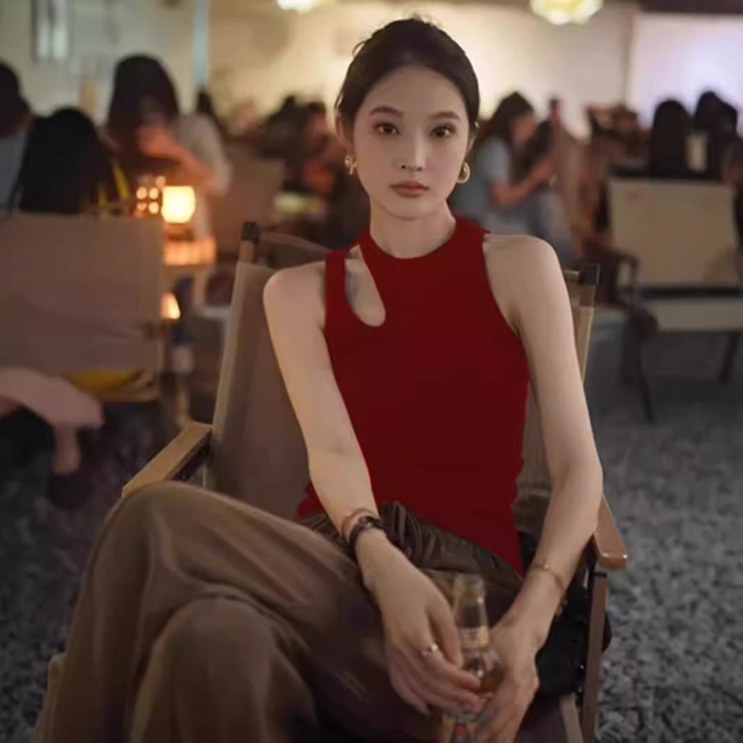 Woman wearing Wine Red Slim Fit Vest in a stylish urban setting
