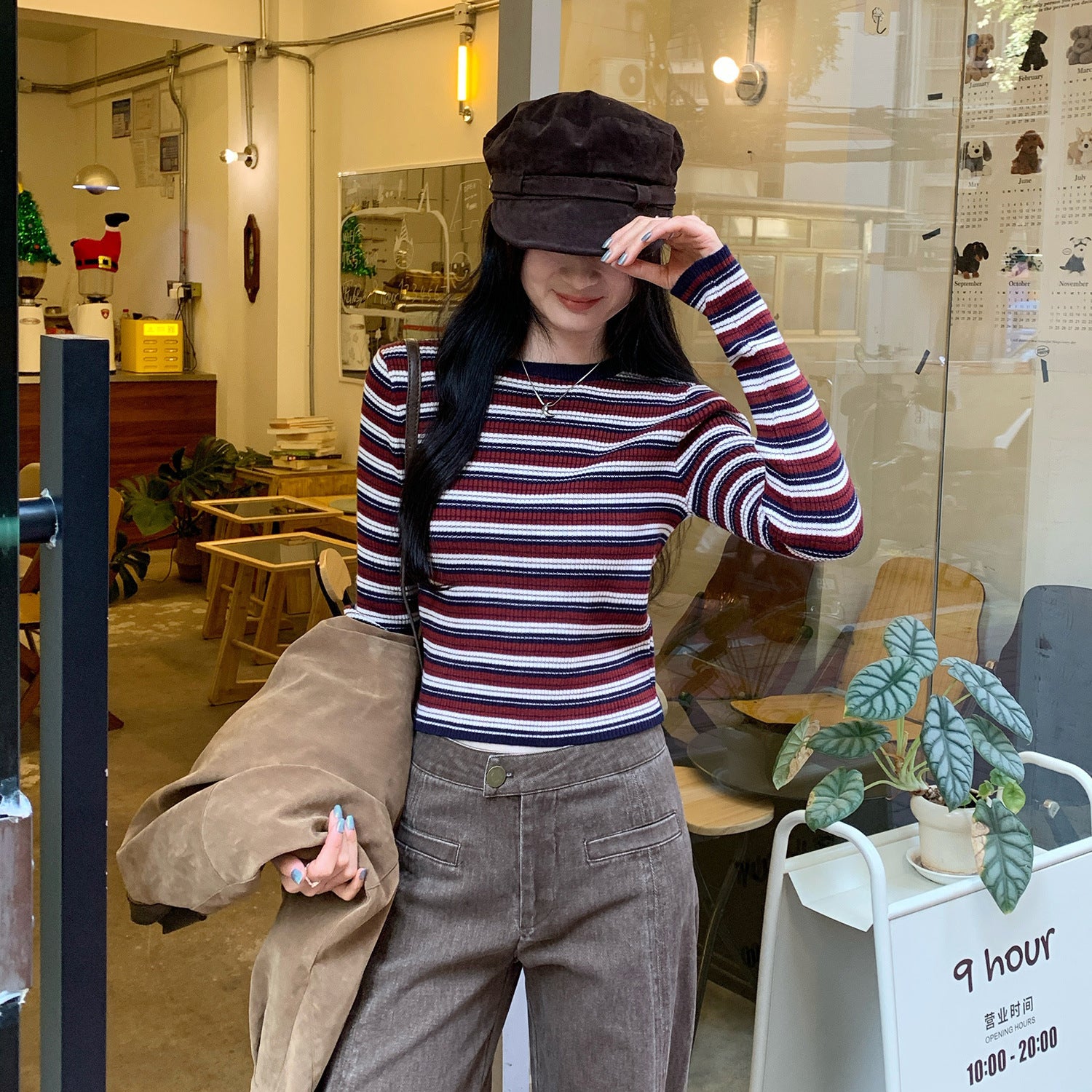 Woman wearing Navy & Red Stripe Slim Fit Knit Innerwear Top in a casual setting