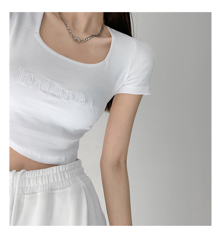 Vintage Letter Embroidery Fitted Bodysuit | Tajstylo