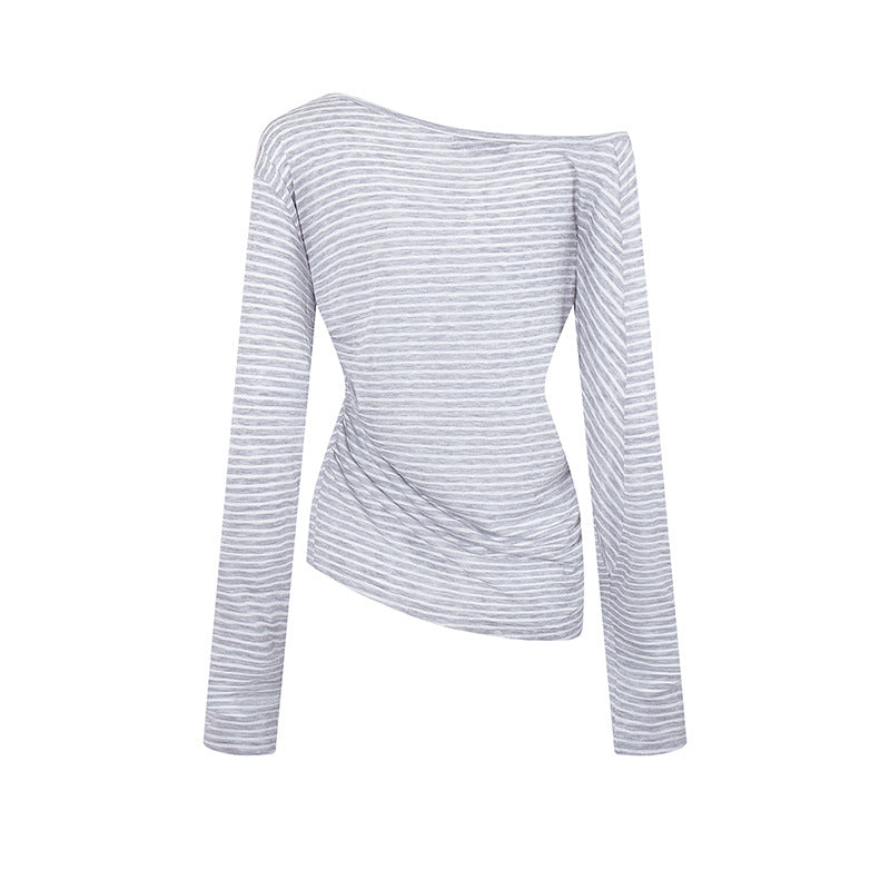 Stripe Graffiti Off Shoulder Long Sleeve Tee | Tajstylo