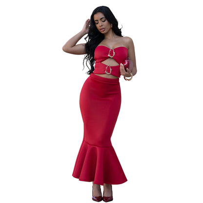 Strapless Lace Trim Top and Bodycon Skirt Set | Tajstylo