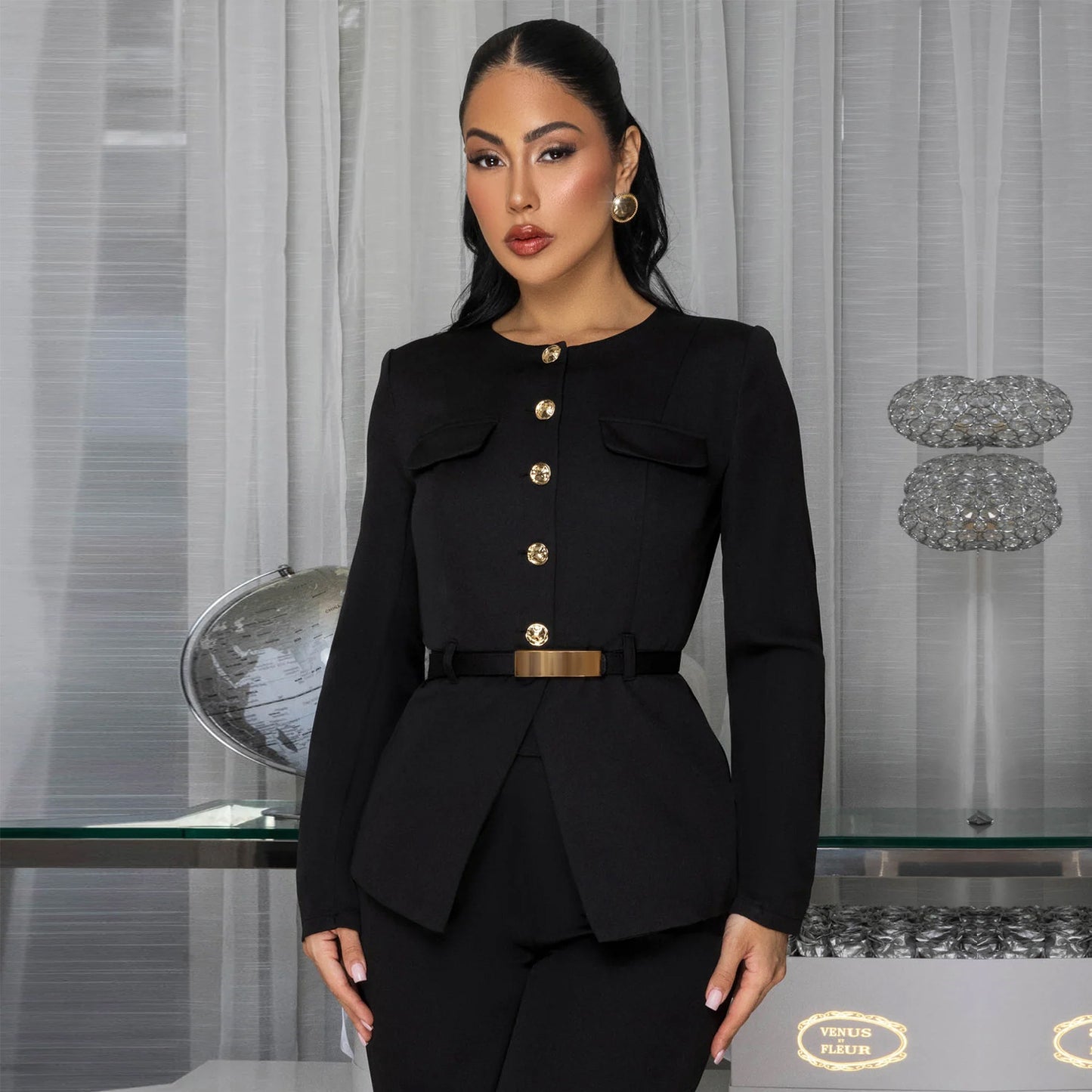 Slimming Belted Long Sleeve Top and Pants Set | Tajstylo