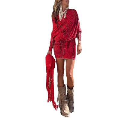 Woman wearing One-Shoulder Batwing Sleeve Bodycon Mini Dress in a vibrant setting