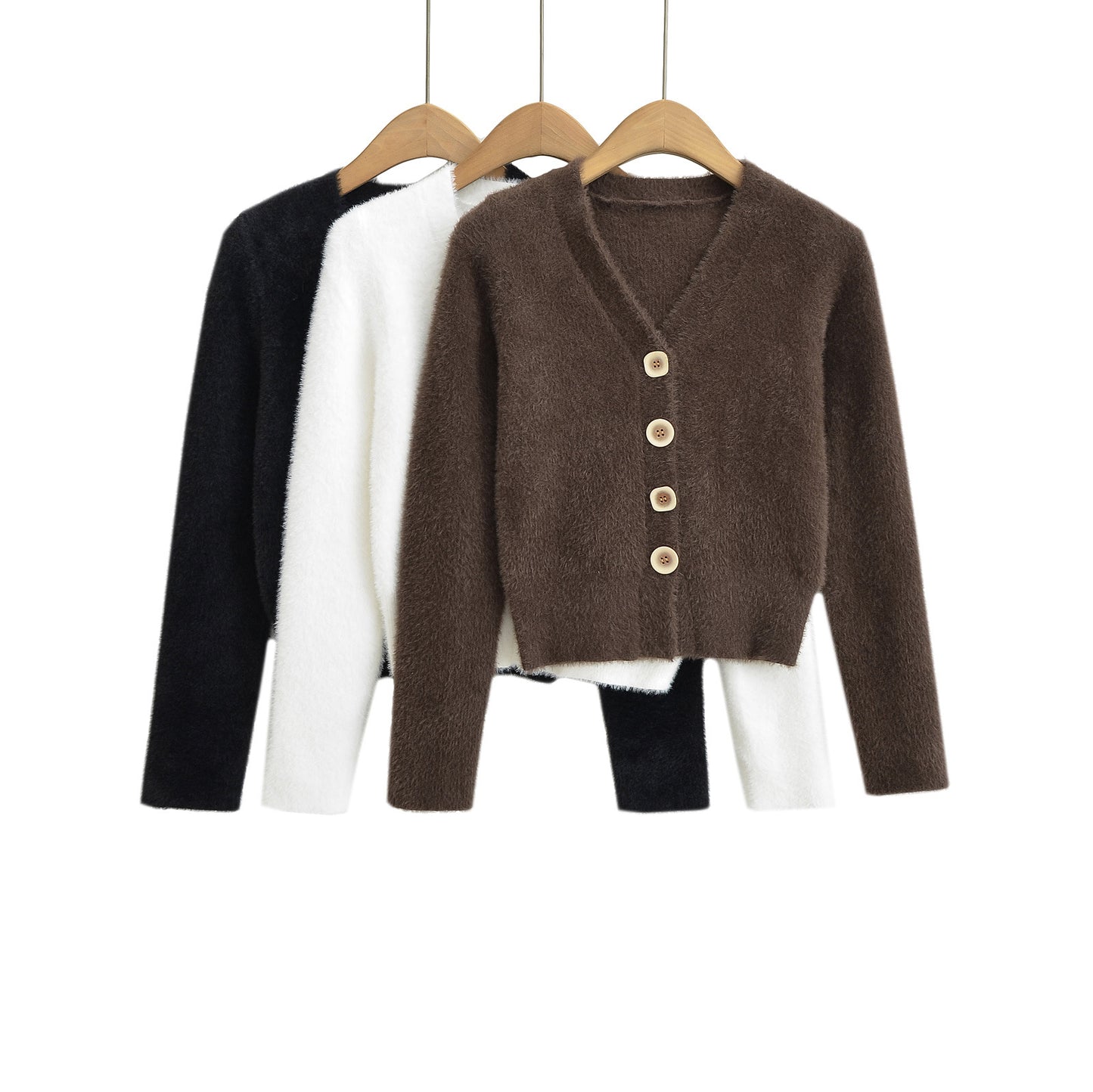 Woman wearing V-Neck Long Sleeve Cardigan Sweater in a chic office setting