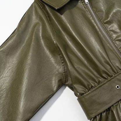 Street Elastic Waistband Faux Leather Jacket | Tajstylo