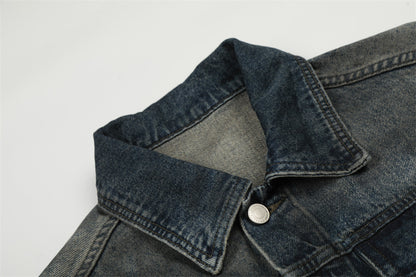 Distressed Denim Jacket with Flip Collar | Tajstylo