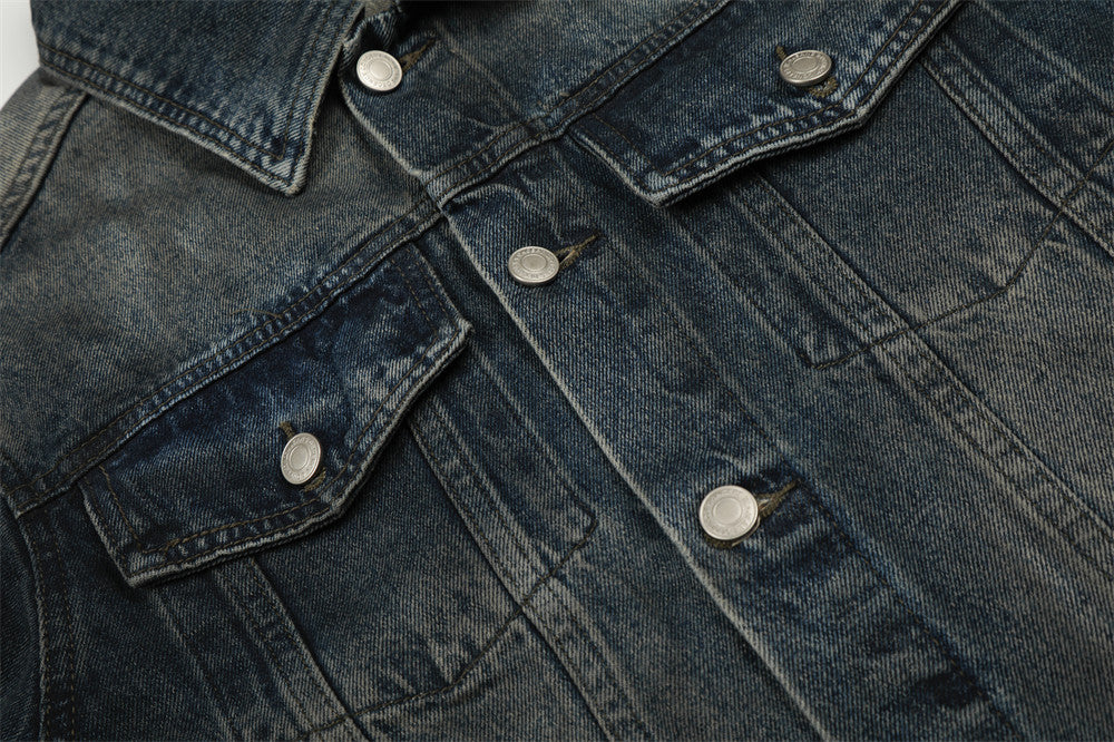 Distressed Denim Jacket with Flip Collar | Tajstylo