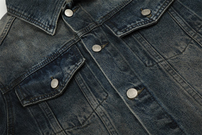 Distressed Denim Jacket with Flip Collar | Tajstylo