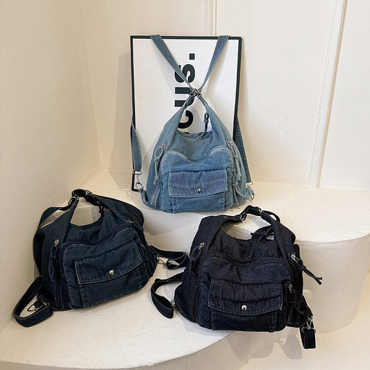Women's Japanese Harajuku Style Large Capacity Denim Tote Bag – Front View | TajStylo