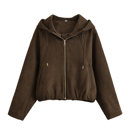 Woman wearing Hooded Suede Look Jacket in an autumn park