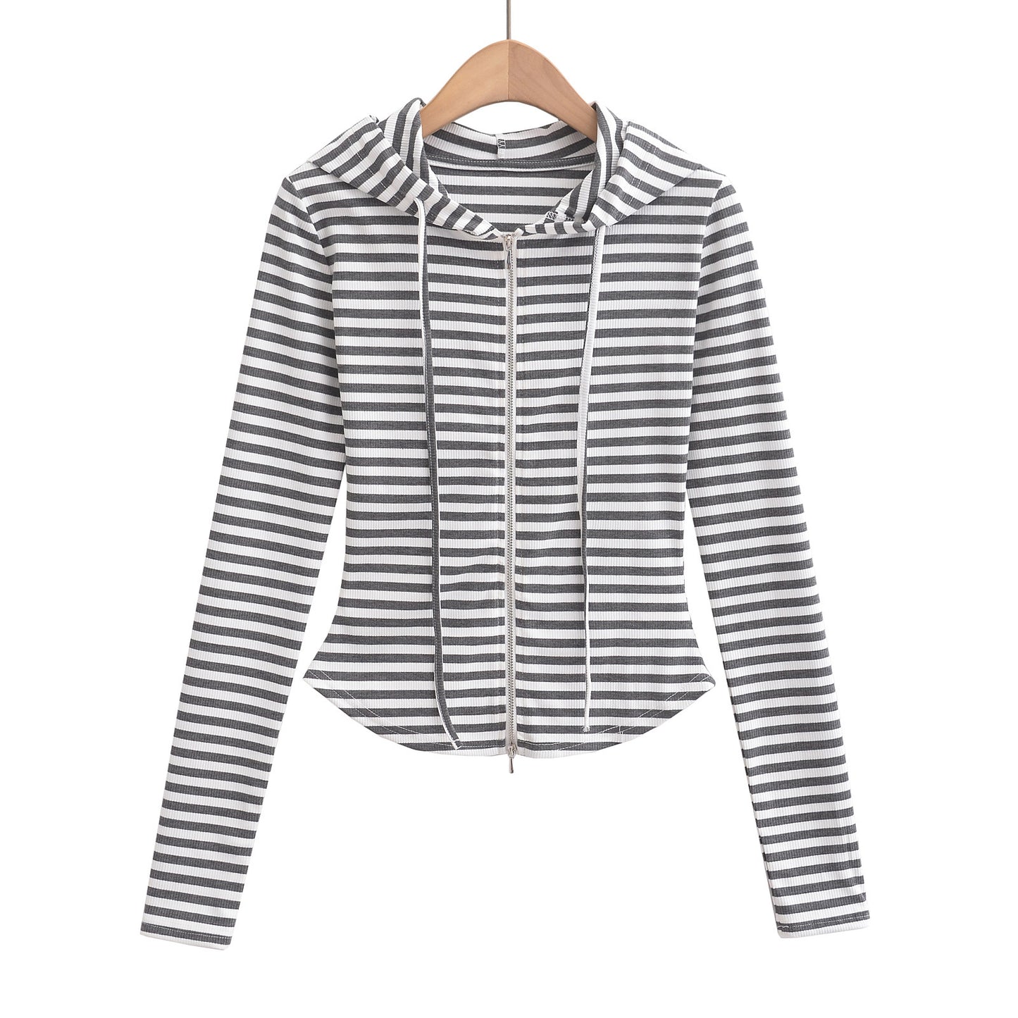 Woman wearing Hooded Stripe Half-Zip Cardigan in a casual setting