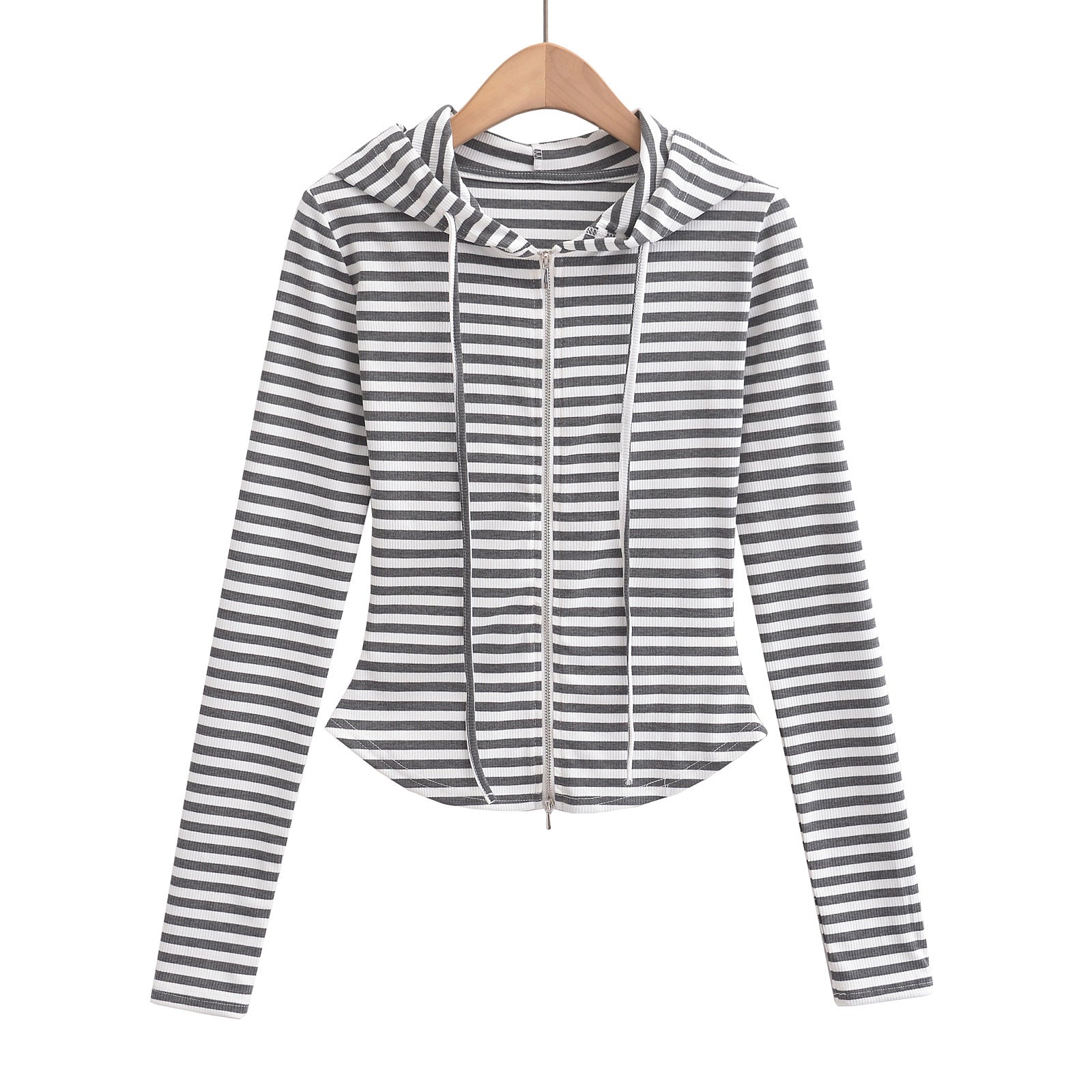 Woman wearing Hooded Stripe Half-Zip Cardigan in a casual setting